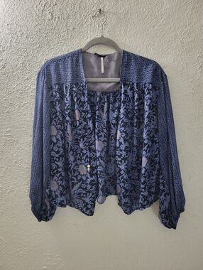 Free People Sz S Oversized Boho Blue Cardigan Cover Lightweight Open Front